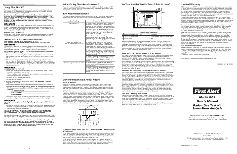 BRK electronic First Alert RD1 User Manual | 1 page