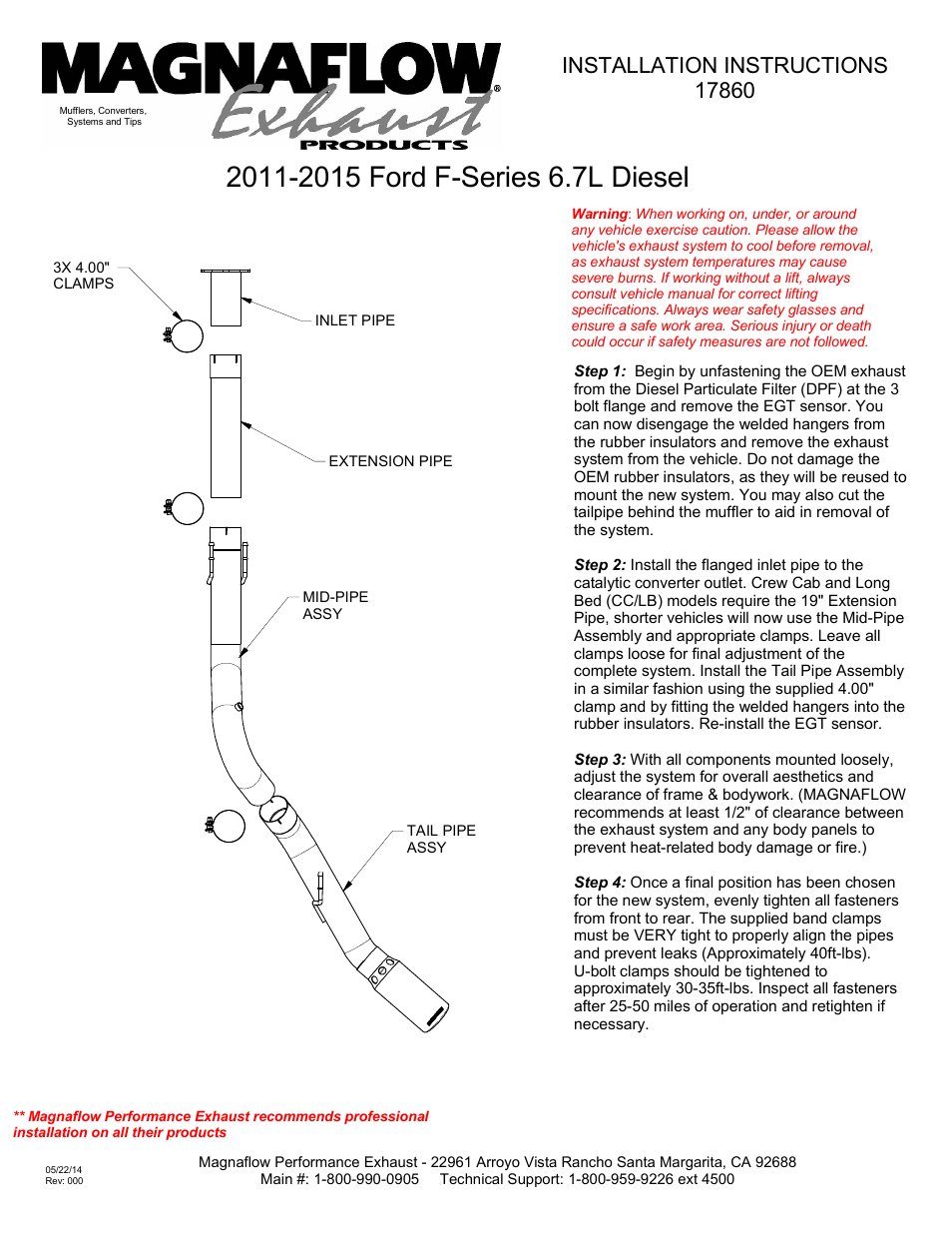 MagnaFlow FORD DIESEL 6.7L DIESEL, 4in Pro Series Diesel PERFORMANCE EXHAUST User Manual | 1 page