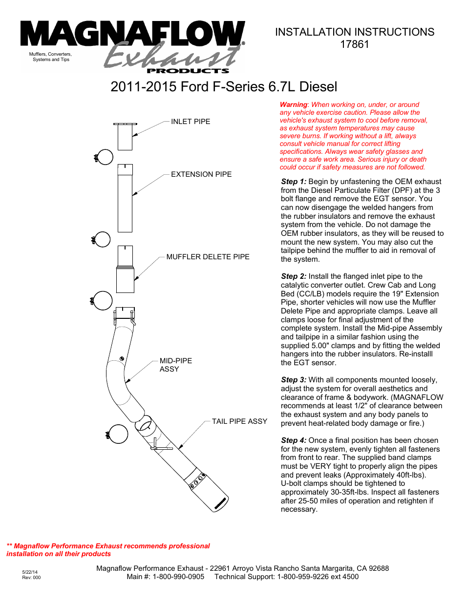 MagnaFlow FORD DIESEL 6.7L DIESEL, 5in Pro Series Diesel PERFORMANCE EXHAUST User Manual | 1 page