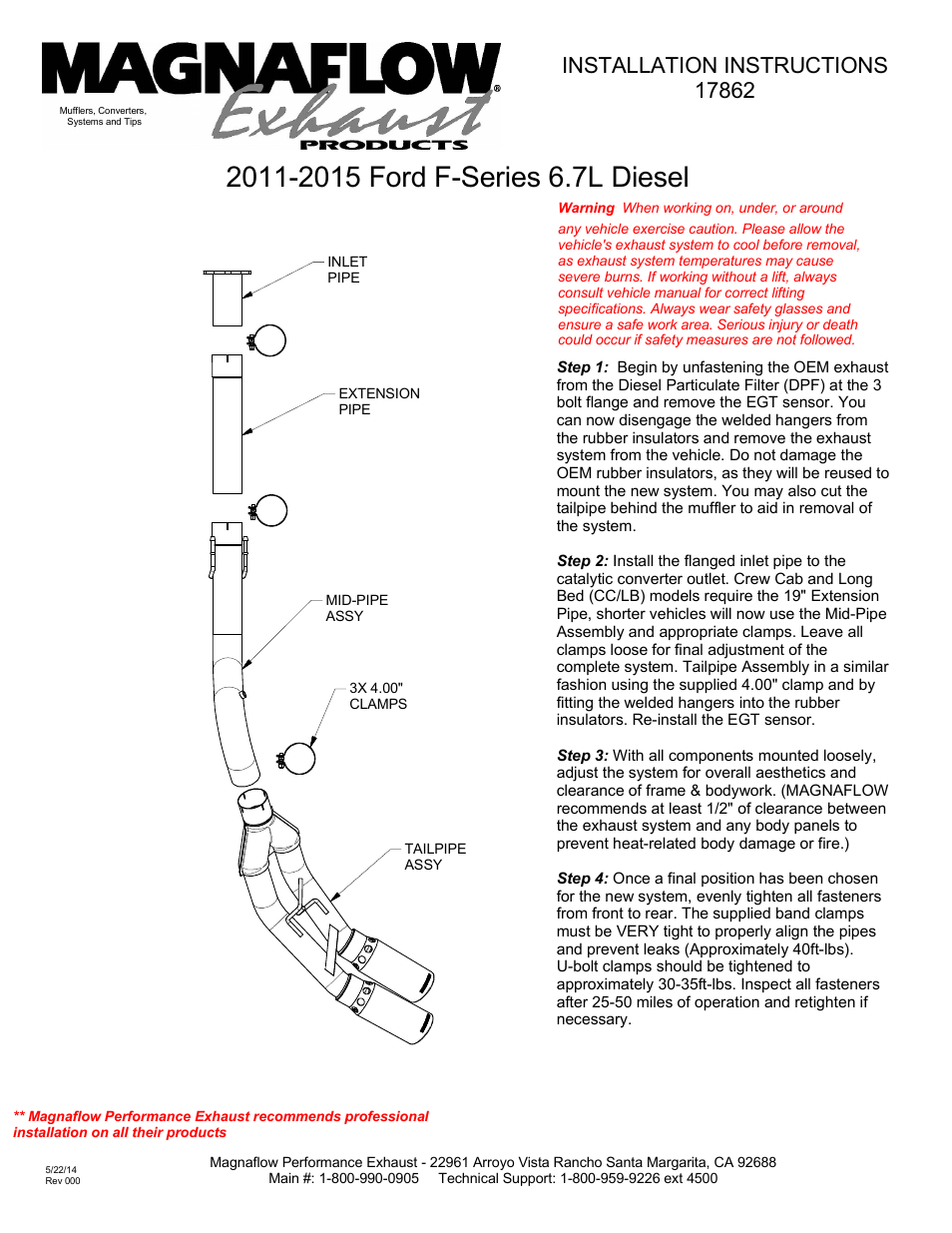 MagnaFlow FORD DIESEL 6.7L DIESEL, 4in DUAL Pro Series Diesel PERFORMANCE EXHAUST User Manual | 1 page