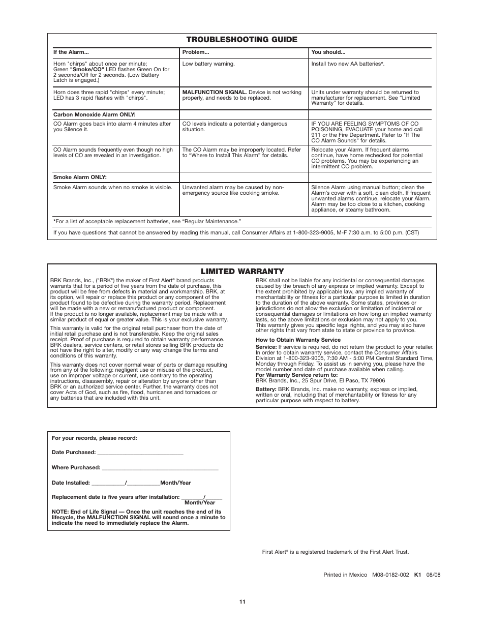 Troubleshooting guide, Limited warranty | BRK electronic SC7010B User Manual | Page 11 / 11