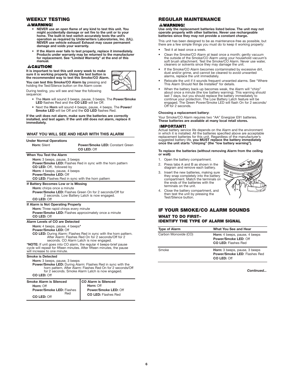 Regular maintenance, If your smoke/co alarm sounds, Weekly testing | BRK electronic SC7010B User Manual | Page 6 / 11