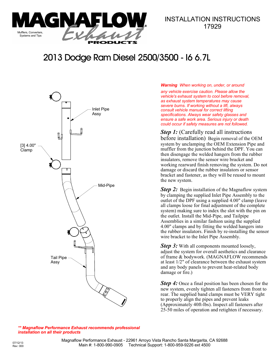 MagnaFlow DODGE DIESEL CUMMINS, 4in. SYSTEM Pro Series Diesel PERFORMANCE EXHAUST User Manual | 1 page