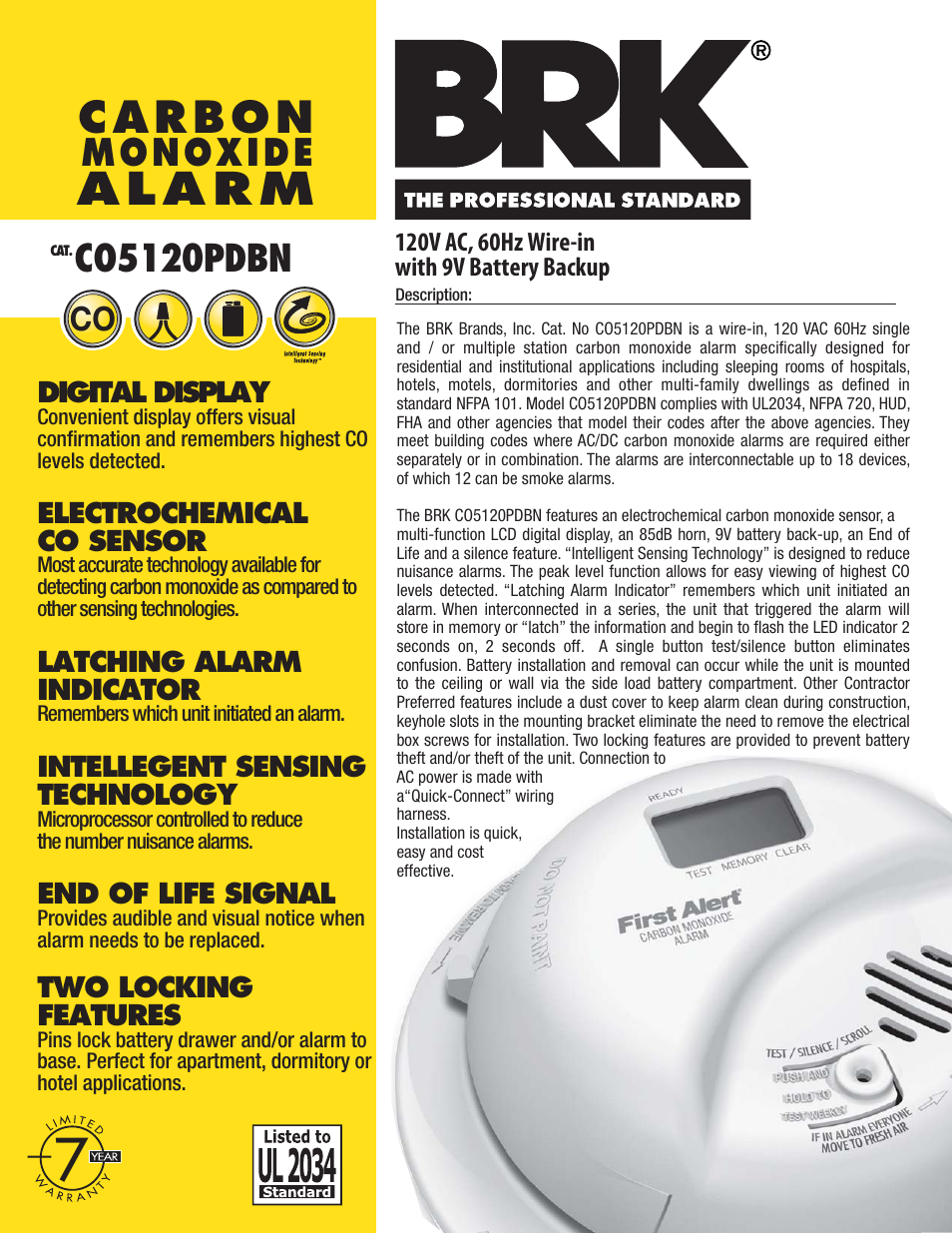 BRK electronic BRK Carbon Monoxide Alarm C05120PDBN User Manual | 2 pages