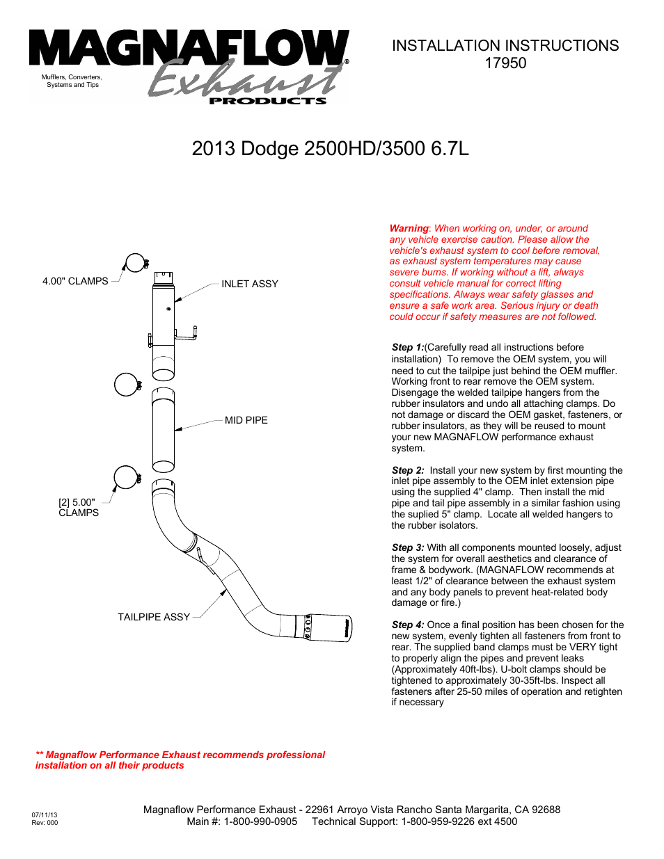 MagnaFlow DODGE DIESEL CUMMINS, 5in. HIGH-OUTPUT Pro Series Diesel PERFORMANCE EXHAUST User Manual | 1 page