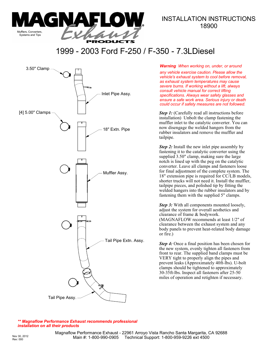 MagnaFlow FORD DIESEL 7.3L DIESEL, 5in Aluminized Pro Series Diesel PERFORMANCE EXHAUST User Manual | 1 page