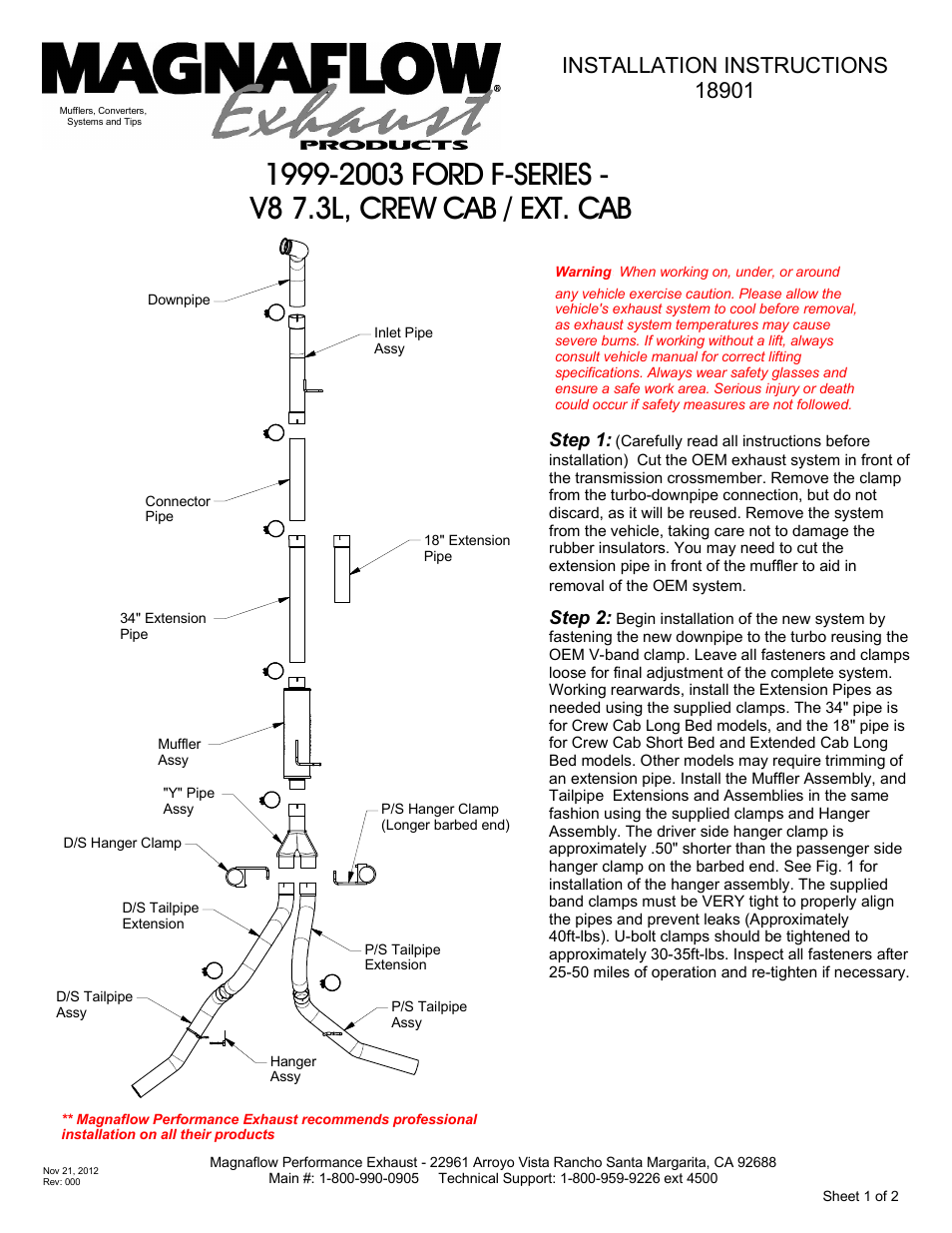 MagnaFlow FORD DIESEL 7.3L DIESEL, 4in DUAL Aluminized Pro Series Diesel PERFORMANCE EXHAUST User Manual | 2 pages