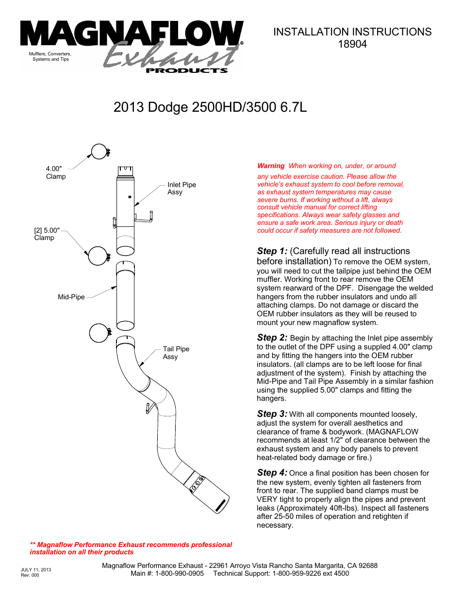 MagnaFlow DODGE DIESEL CUMMINS, 5in. HIGH-OUTPUT Aluminized Pro Series Diesel PERFORMANCE EXHAUST User Manual | 1 page