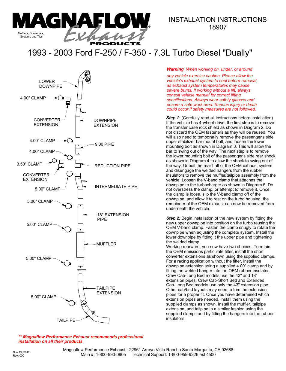 MagnaFlow FORD DIESEL 7.3L DIESEL, 5in Aluminized Pro Series Diesel PERFORMANCE EXHAUST User Manual | 2 pages