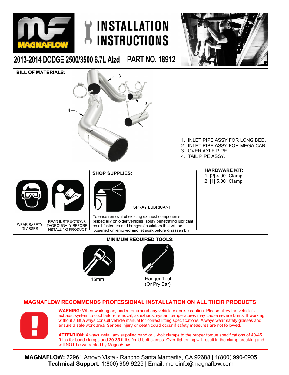 MagnaFlow DODGE DIESEL CUMMINS, 5in. HIGH-OUTPUT Aluminized Pro Series Diesel PERFORMANCE EXHAUST User Manual | 3 pages