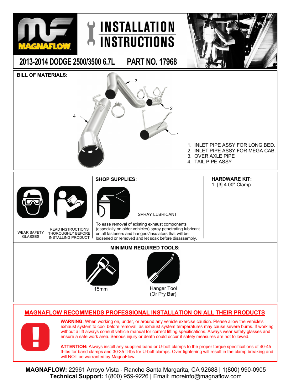 MagnaFlow DODGE DIESEL CUMMINS, 4in. SYSTEM Pro Series Diesel PERFORMANCE EXHAUST User Manual | 3 pages