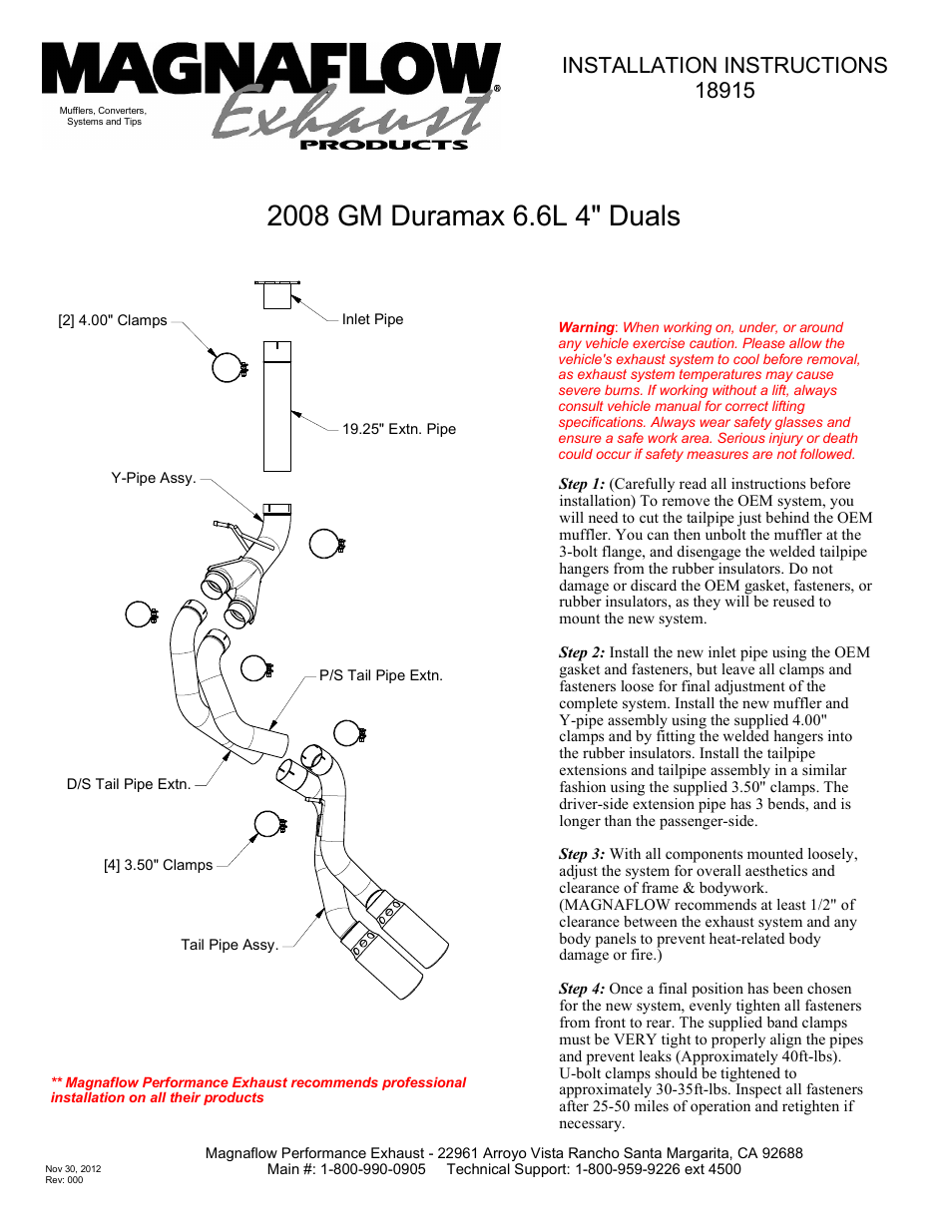 MagnaFlow GMC DIESEL DURAMAX, DUAL SYSTEM Aluminized Pro Series Diesel PERFORMANCE EXHAUST User Manual | 1 page