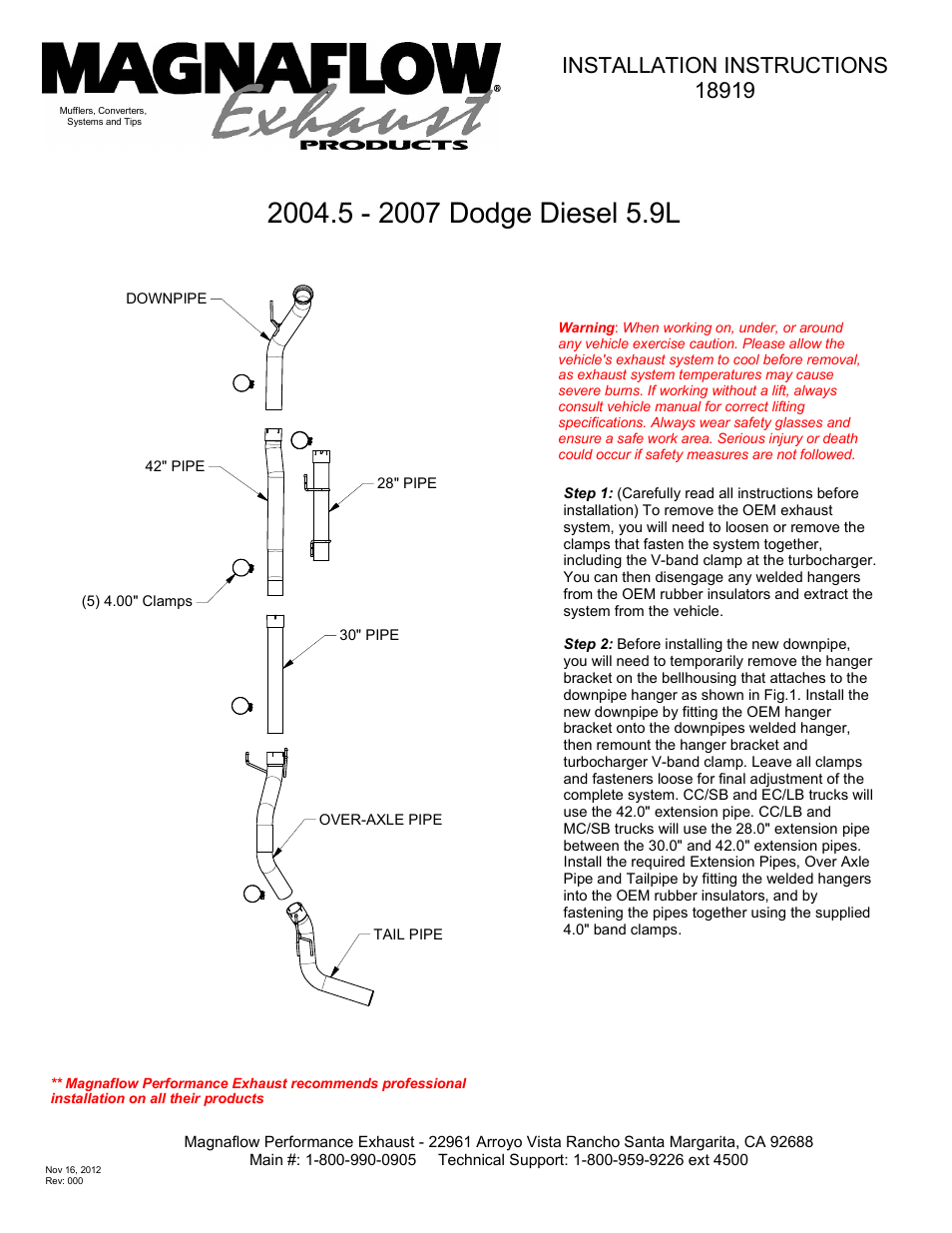 MagnaFlow DODGE DIESEL CUMMINS, 4in. SYSTEM AL Custom Build Pipe Kit Diesel PERF. EXHAUST User Manual | 2 pages