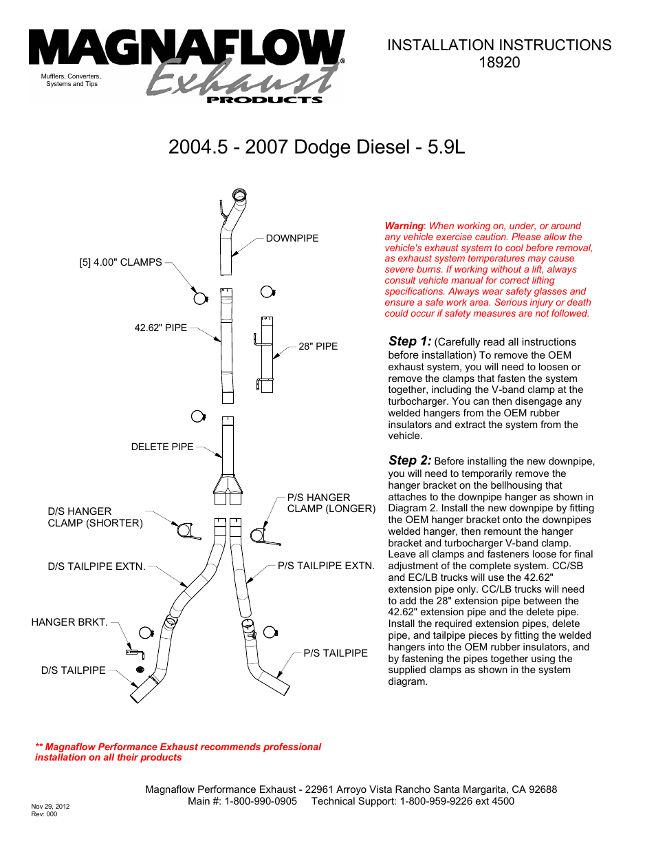 MagnaFlow DODGE DIESEL CUMMINS, 5in. HIGH-OUTPUT AL Custom Build Pipe Kit Diesel PERF. EXHAUST User Manual | 2 pages