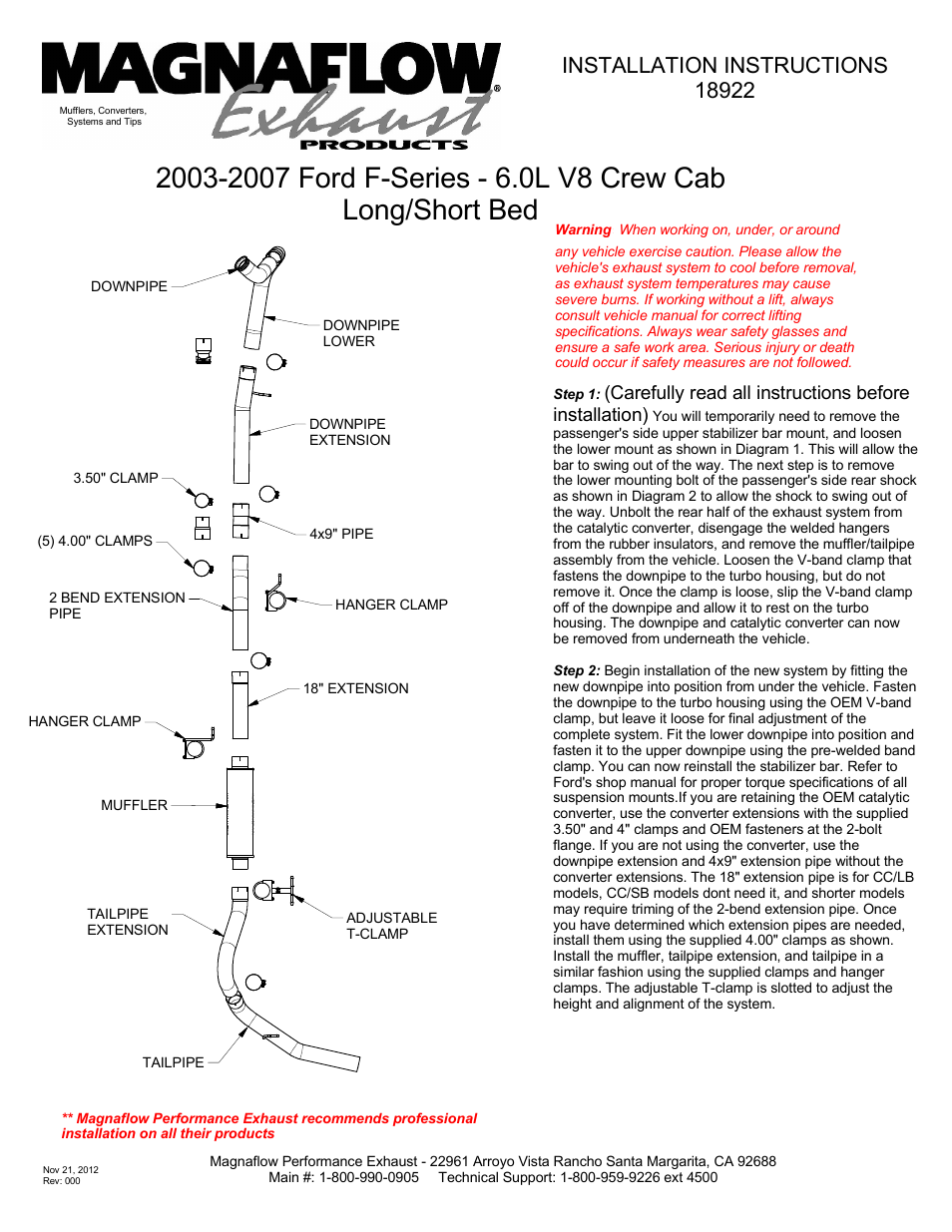 MagnaFlow FORD DIESEL 6.0L DIESEL, 4in. Aluminized Pro Series Diesel PERFORMANCE EXHAUST User Manual | 2 pages