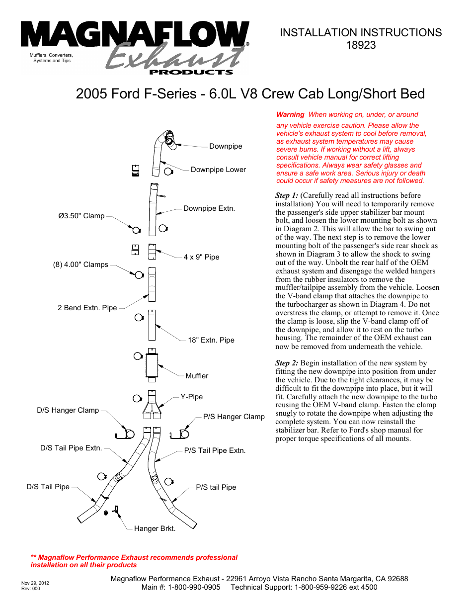 MagnaFlow FORD DIESEL 6.0L DIESEL, 4in DUAL Aluminized Pro Series Diesel PERFORMANCE EXHAUST User Manual | 3 pages