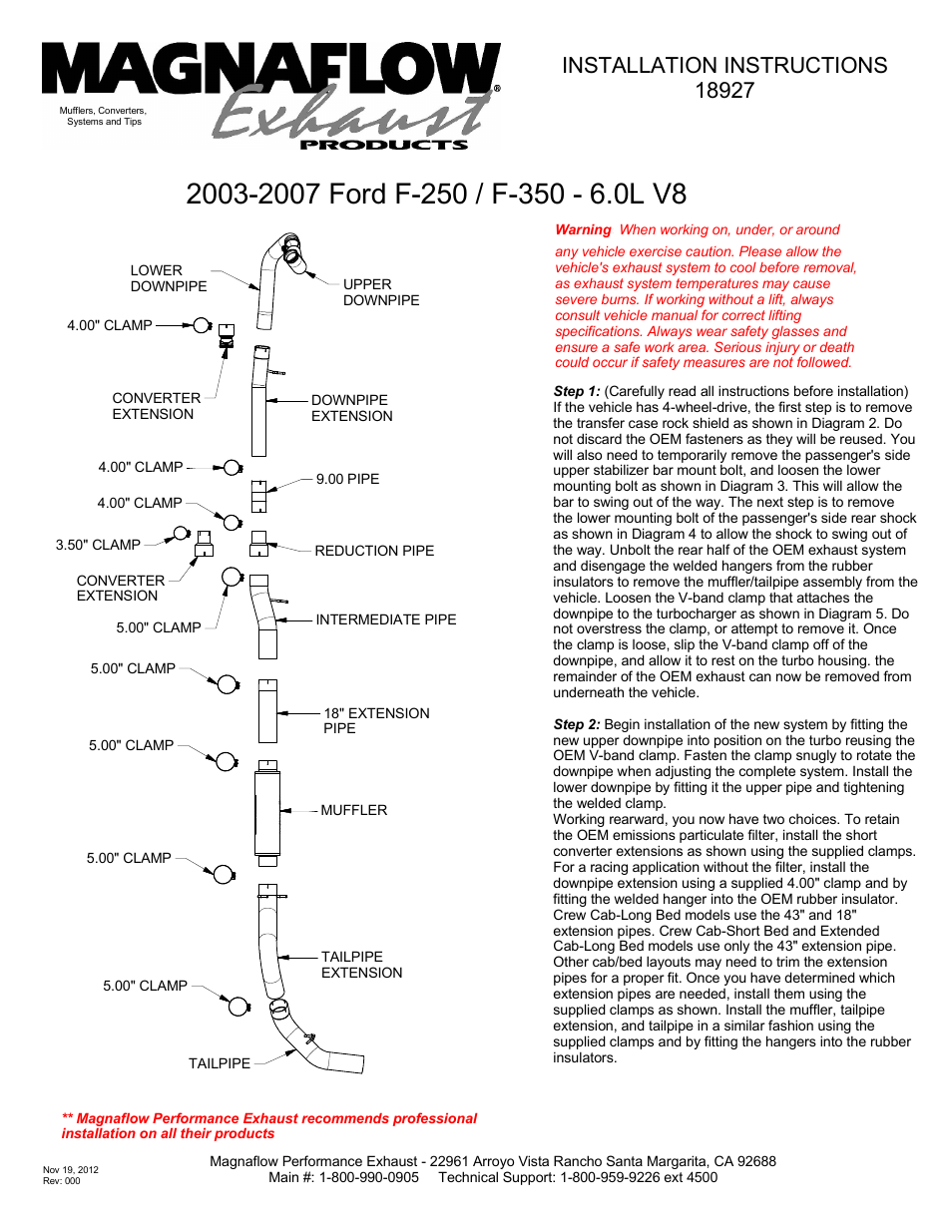 MagnaFlow FORD DIESEL 6.0L DIESEL, 5in. Aluminized Pro Series Diesel PERFORMANCE EXHAUST User Manual | 2 pages