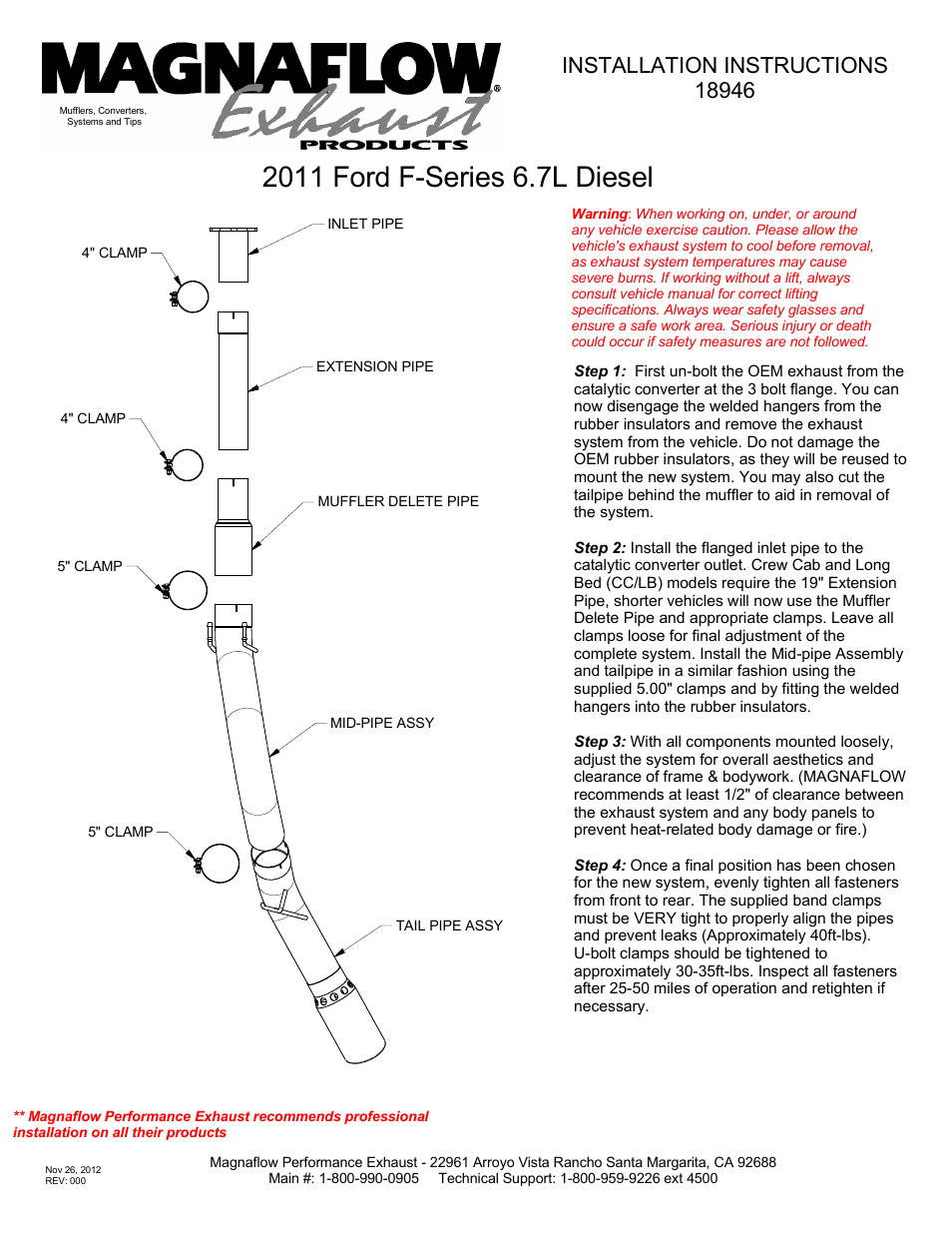 MagnaFlow FORD DIESEL 6.7L DIESEL, 5in Aluminized Pro Series Diesel PERFORMANCE EXHAUST User Manual | 1 page