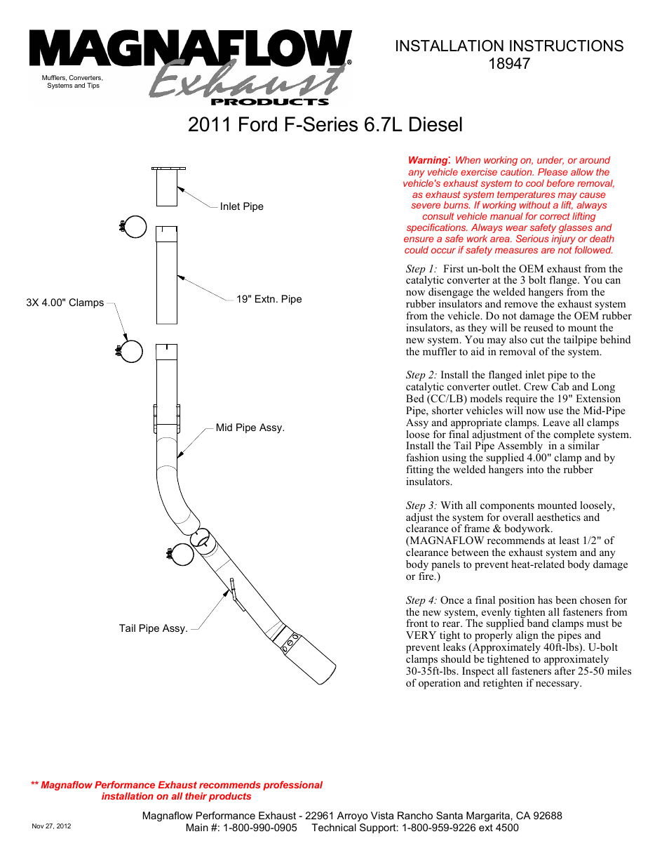 MagnaFlow FORD DIESEL 6.7L DIESEL, 4in Aluminized Pro Series Diesel PERFORMANCE EXHAUST User Manual | 1 page