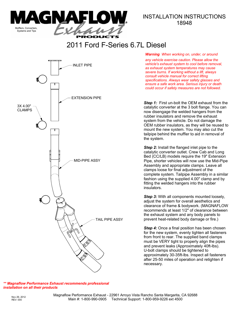 MagnaFlow FORD DIESEL 6.7L DIESEL, 4in DUAL Aluminized Pro Series Diesel PERFORMANCE EXHAUST User Manual | 1 page