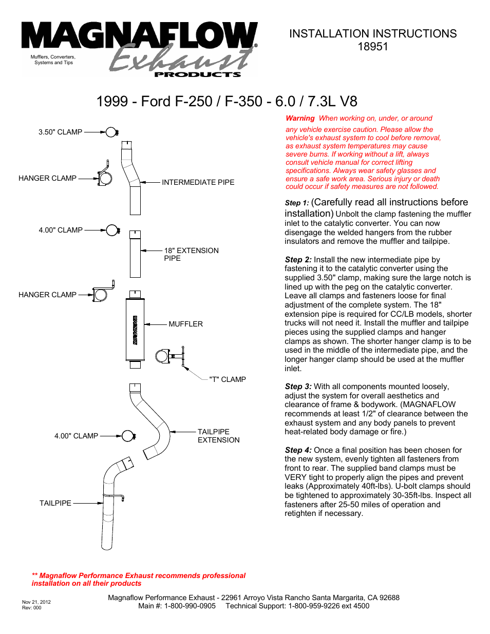 MagnaFlow FORD DIESEL 7.3L DIESEL, 4in Aluminized Pro Series Diesel PERFORMANCE EXHAUST User Manual | 1 page