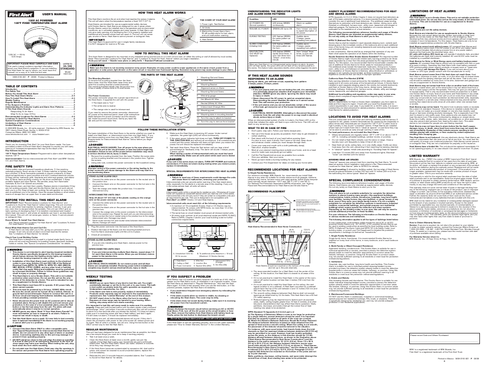 BRK electronic Heat ALarm HD6135F User Manual | 1 page