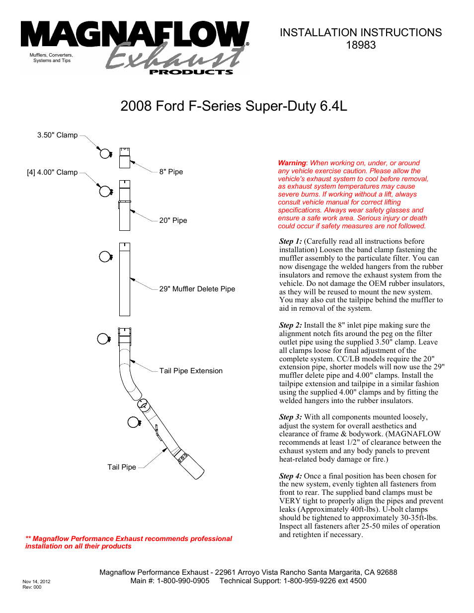 MagnaFlow FORD DIESEL 6.4L DIESEL, 4in Aluminized Pro Series Diesel PERFORMANCE EXHAUST User Manual | 1 page