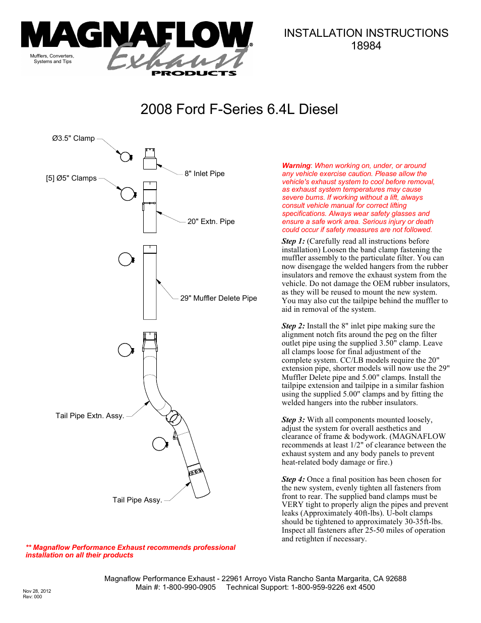 MagnaFlow FORD DIESEL 6.4L DIESEL, 5in Aluminized Pro Series Diesel PERFORMANCE EXHAUST User Manual | 1 page