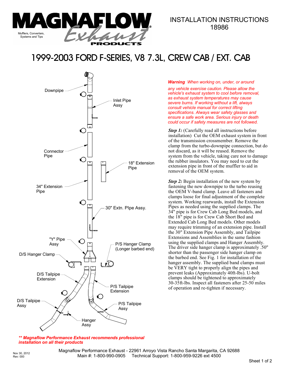 MagnaFlow FORD DIESEL 7.3L DIESEL, 4in DUAL AL Custom Build Pipe Kit Diesel PERF. EXHAUST User Manual | 1 page