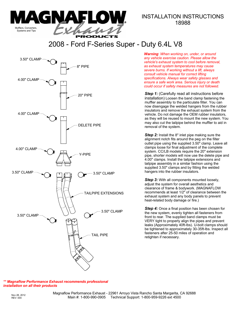 MagnaFlow FORD DIESEL 6.4L DIESEL, 4in DUAL Aluminized Pro Series Diesel PERFORMANCE EXHAUST User Manual | 1 page