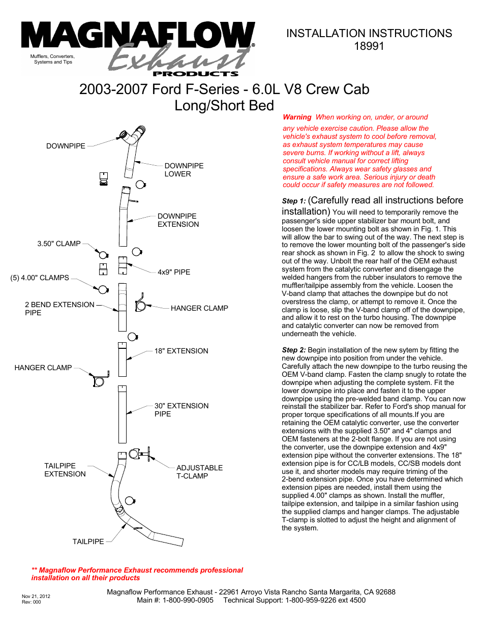 MagnaFlow FORD DIESEL 6.0L DIESEL, 4in. AL Custom Build Pipe Kit Diesel PERF. EXHAUST User Manual | 2 pages