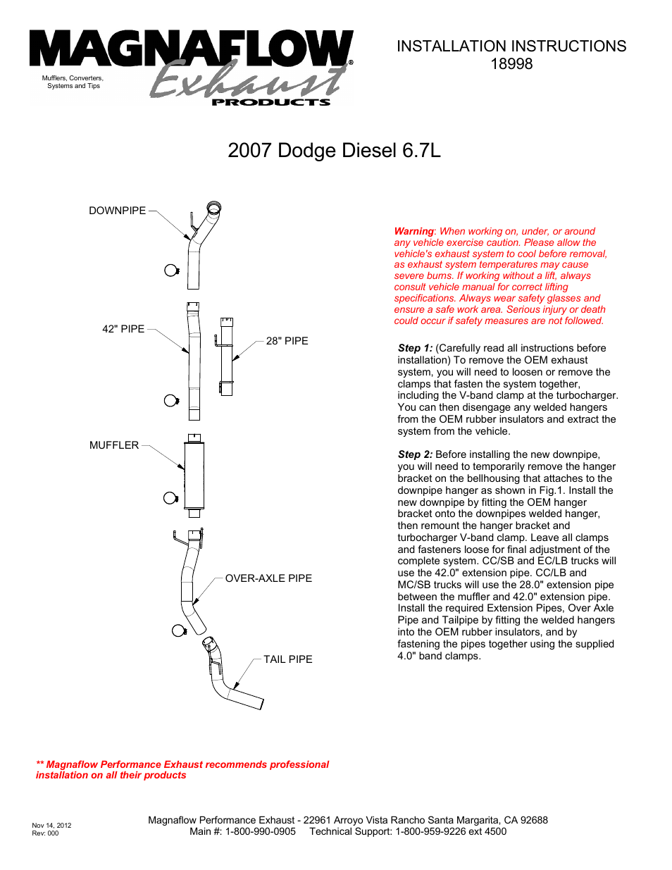 MagnaFlow DODGE DIESEL CUMMINS, 4in. SYSTEM Aluminized Pro Series Diesel PERFORMANCE EXHAUST User Manual | 2 pages