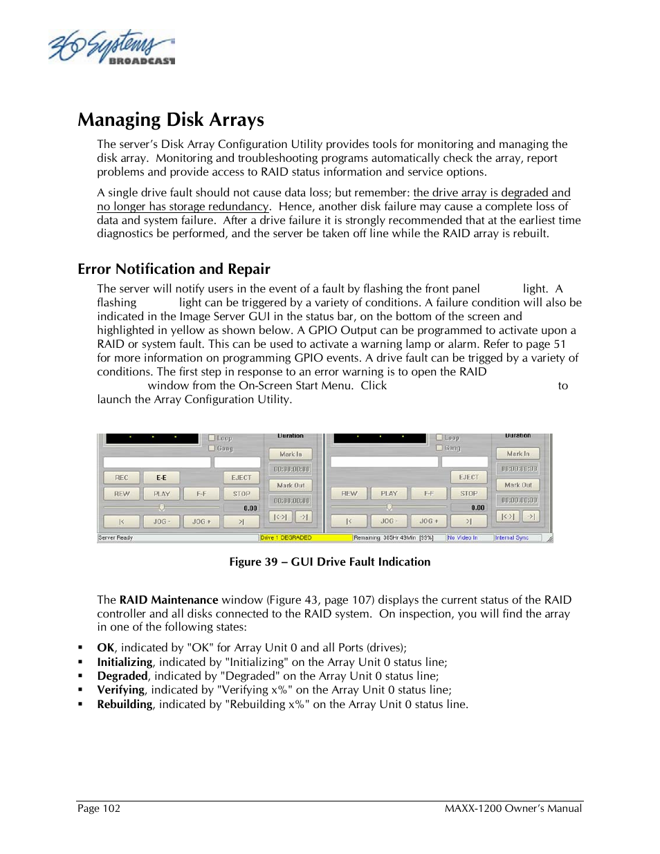 Managing disk arrays, Error notification and repair | 360 Systems 1200HD-EX User Manual | Page 103 / 148