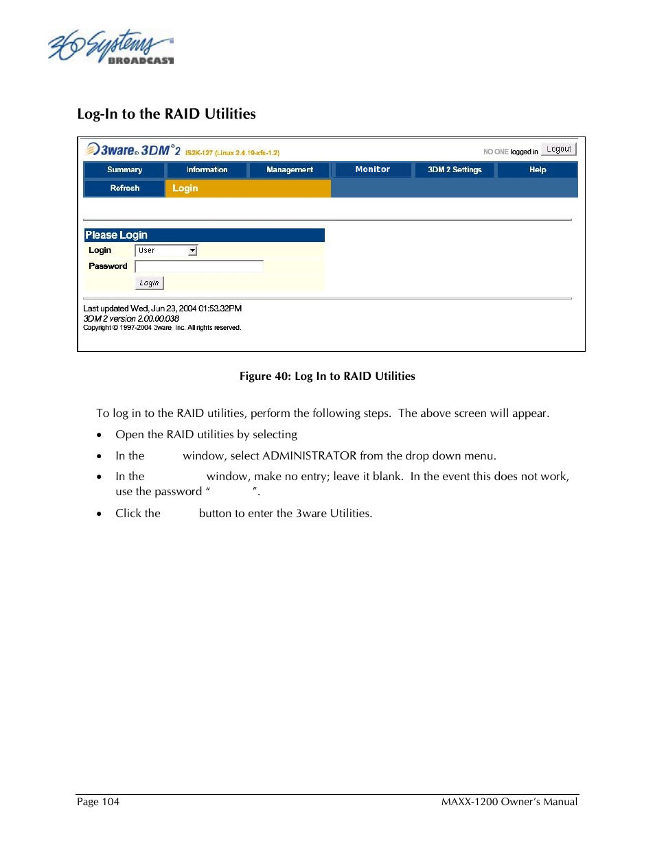 Log-in to the raid utilities | 360 Systems 1200HD-EX User Manual | Page 105 / 148