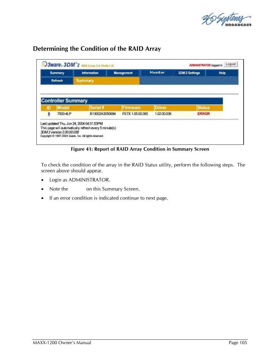 Determining the condition of the raid array | 360 Systems 1200HD-EX User Manual | Page 106 / 148