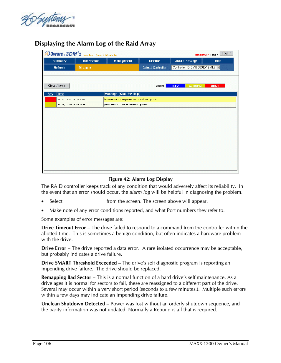 Displaying the alarm log of the raid array | 360 Systems 1200HD-EX User Manual | Page 107 / 148
