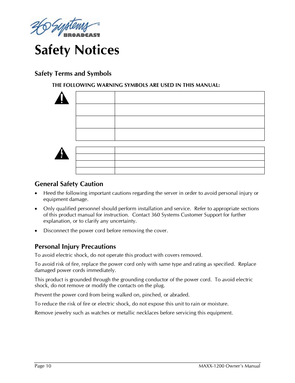 Safety notices, Safety terms and symbols, General safety caution | Personal injury precautions | 360 Systems 1200HD-EX User Manual | Page 11 / 148