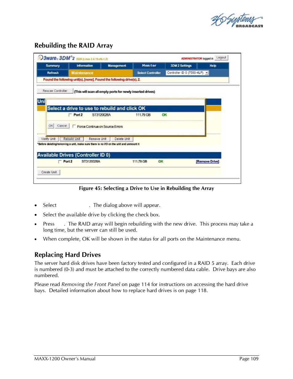 Rebuilding the raid array, Replacing hard drives | 360 Systems 1200HD-EX User Manual | Page 110 / 148