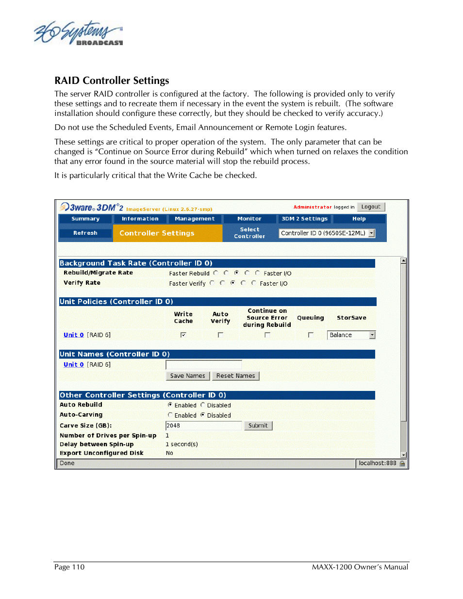 Raid controller settings | 360 Systems 1200HD-EX User Manual | Page 111 / 148