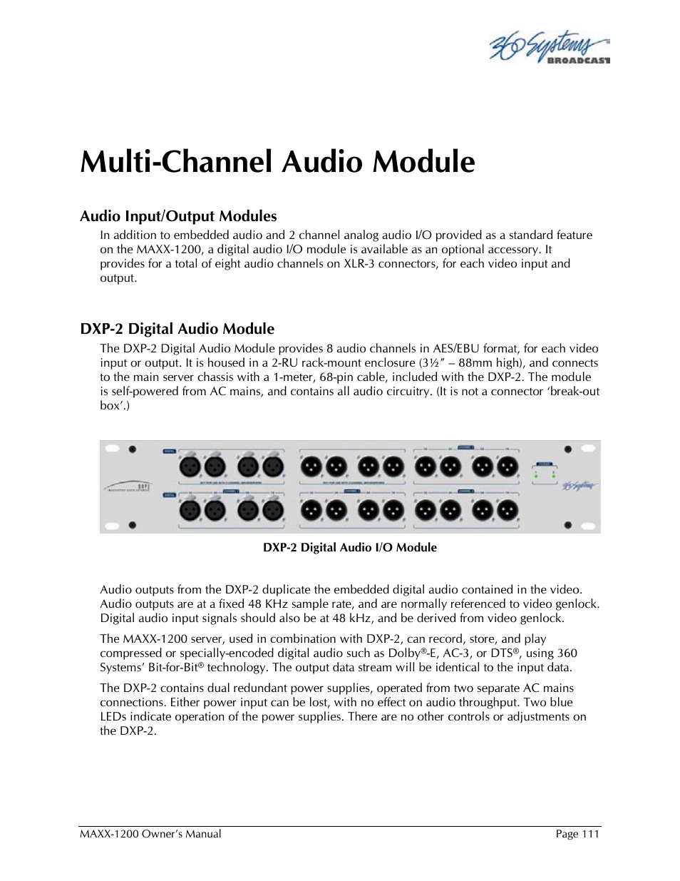 Multi-channel audio module | 360 Systems 1200HD-EX User Manual | Page 112 / 148