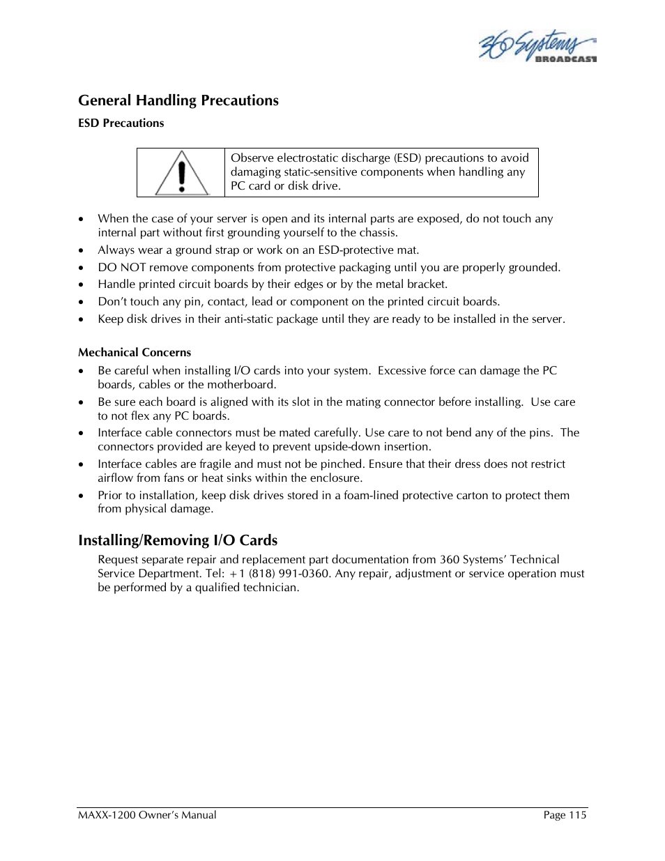 General handling precautions, Installing/removing i/o cards | 360 Systems 1200HD-EX User Manual | Page 116 / 148