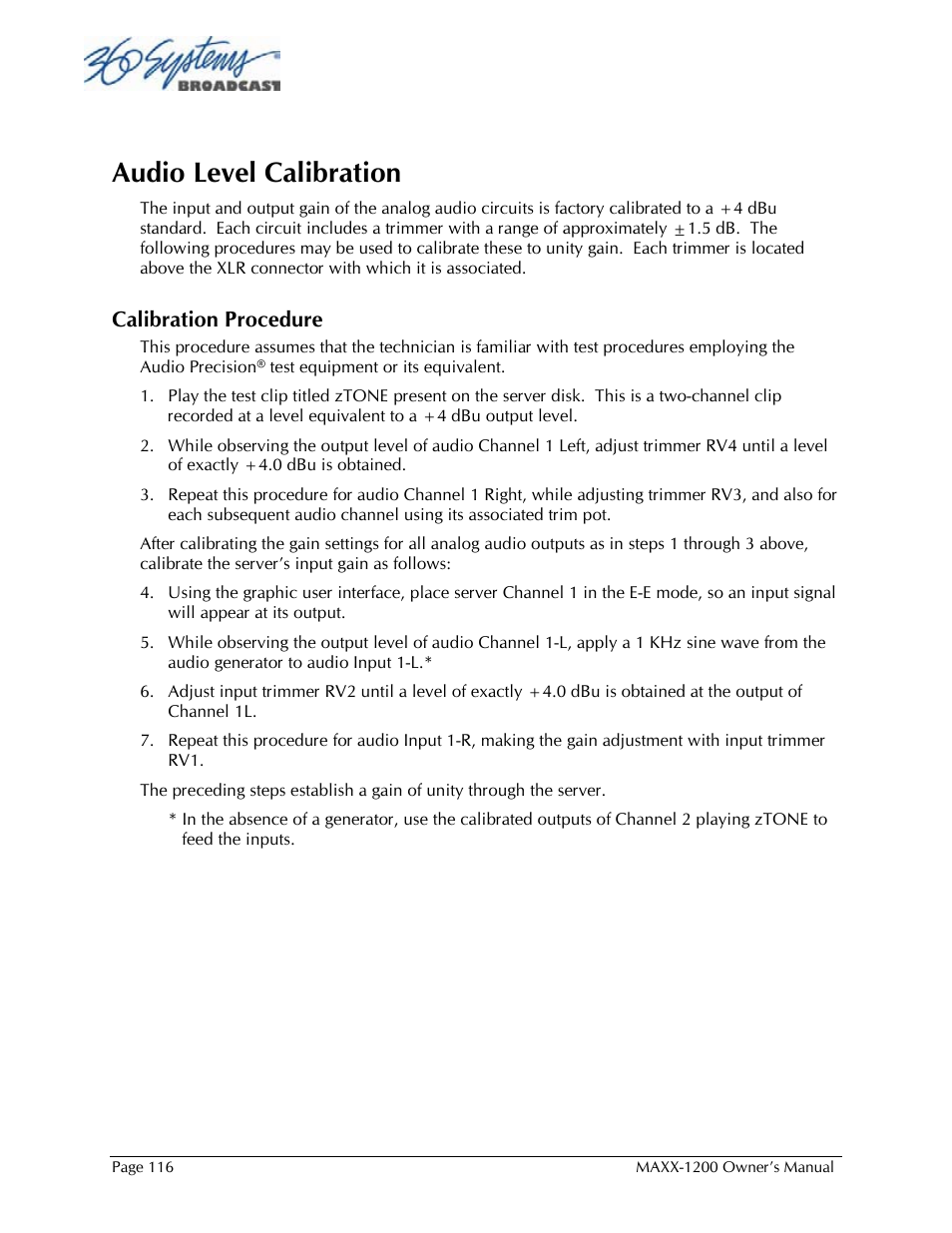 Audio level calibration, Calibration procedure | 360 Systems 1200HD-EX User Manual | Page 117 / 148