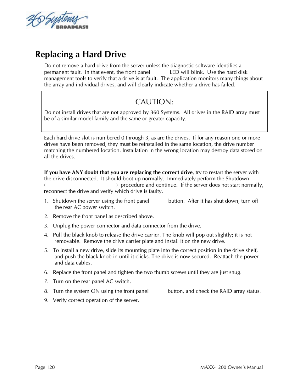 Replacing a hard drive, Caution | 360 Systems 1200HD-EX User Manual | Page 121 / 148