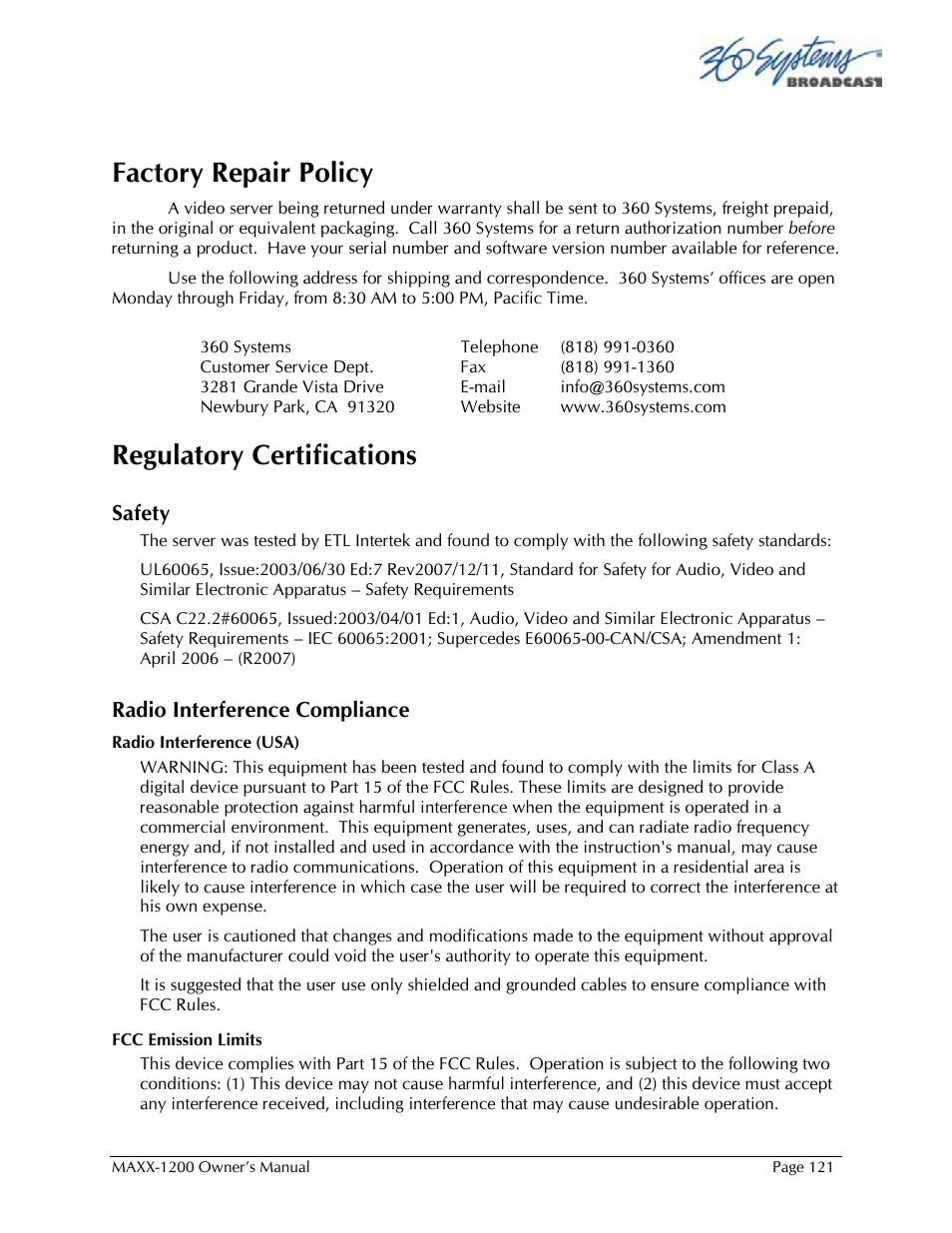 Factory repair policy, Regulatory certifications | 360 Systems 1200HD-EX User Manual | Page 122 / 148