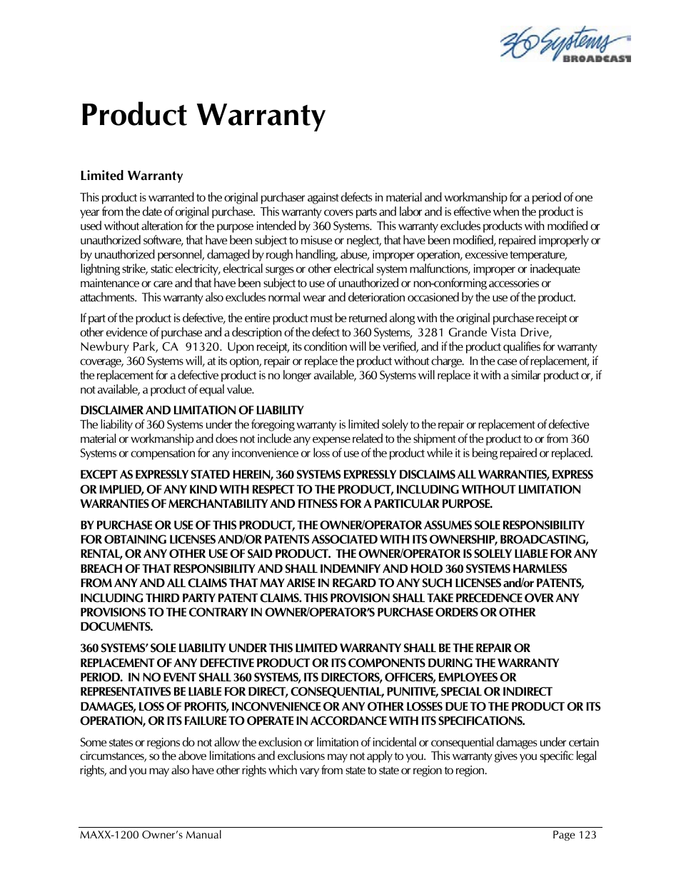 Product warranty | 360 Systems 1200HD-EX User Manual | Page 124 / 148