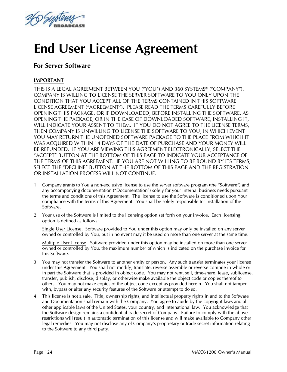 End user license agreement, For server software | 360 Systems 1200HD-EX User Manual | Page 125 / 148