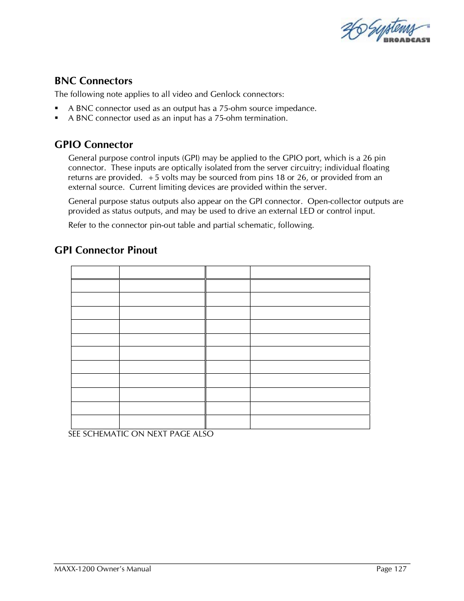 Bnc connectors, Gpio connector, Gpi connector pinout | 360 Systems 1200HD-EX User Manual | Page 128 / 148