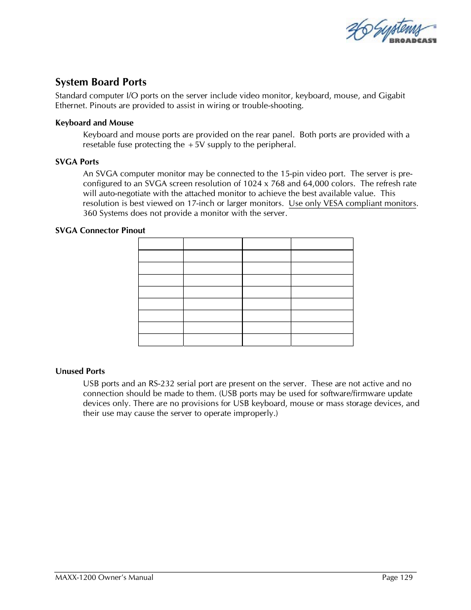 System board ports | 360 Systems 1200HD-EX User Manual | Page 130 / 148