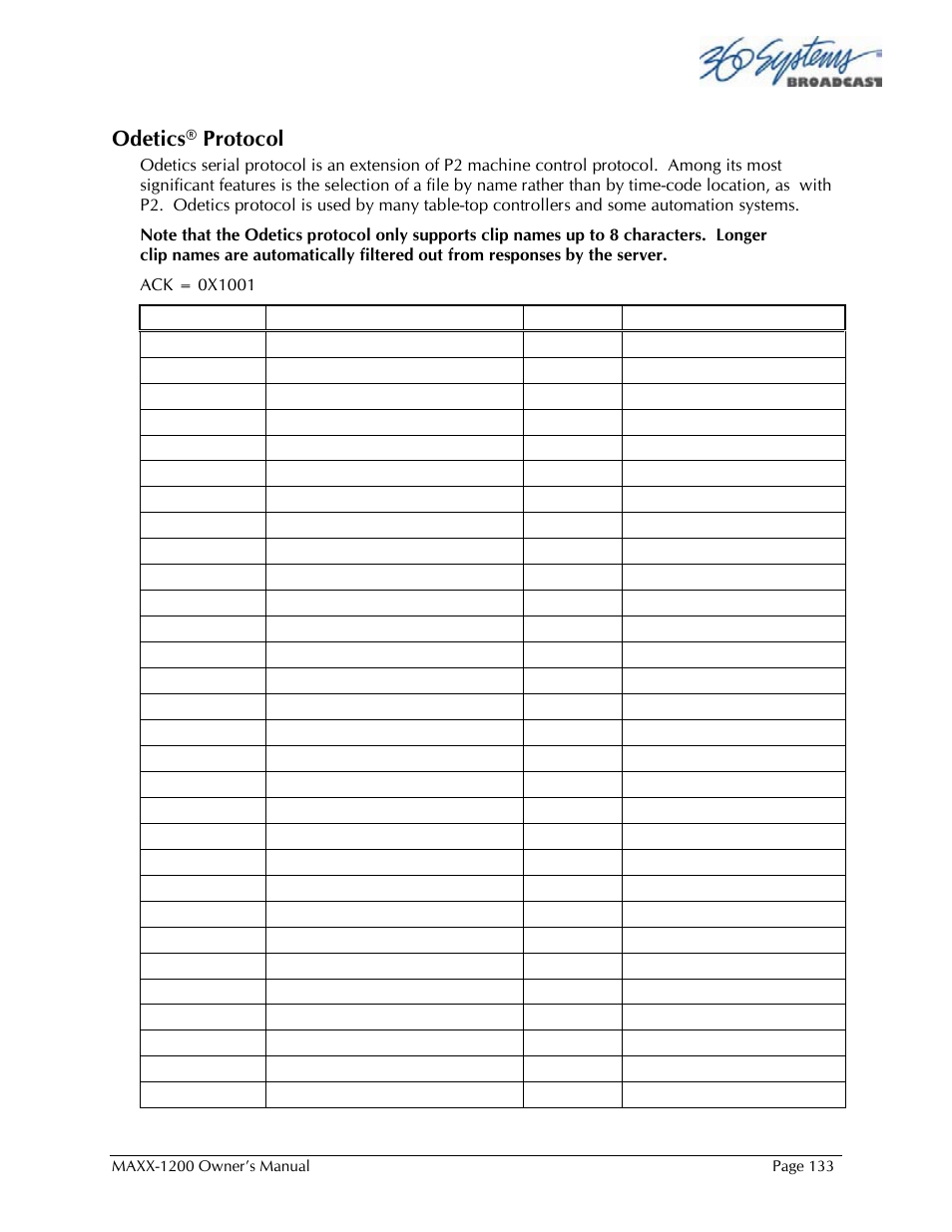 Odetics ® protocol | 360 Systems 1200HD-EX User Manual | Page 134 / 148