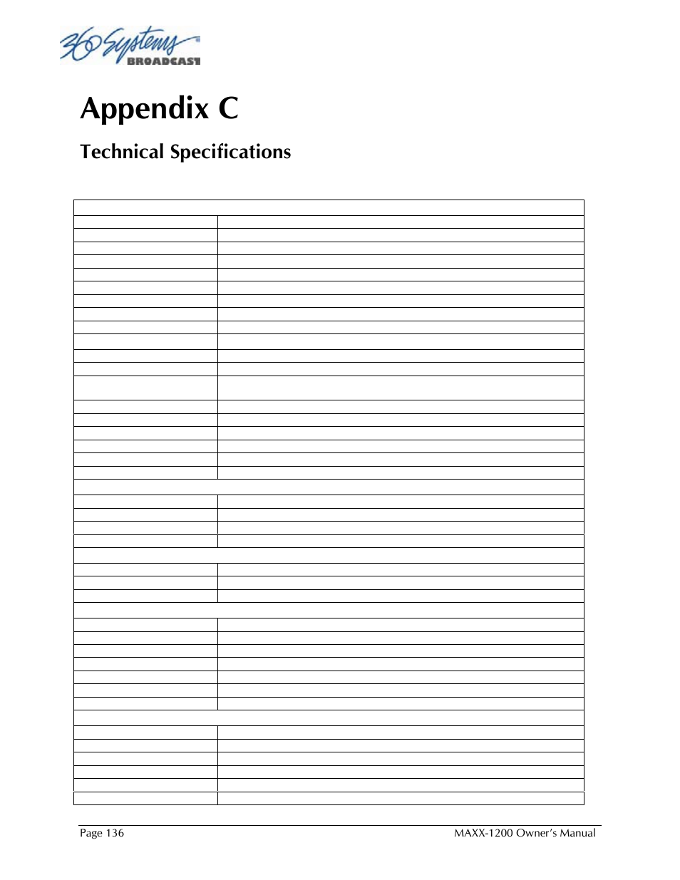 Appendix c, Technical specifications | 360 Systems 1200HD-EX User Manual | Page 137 / 148